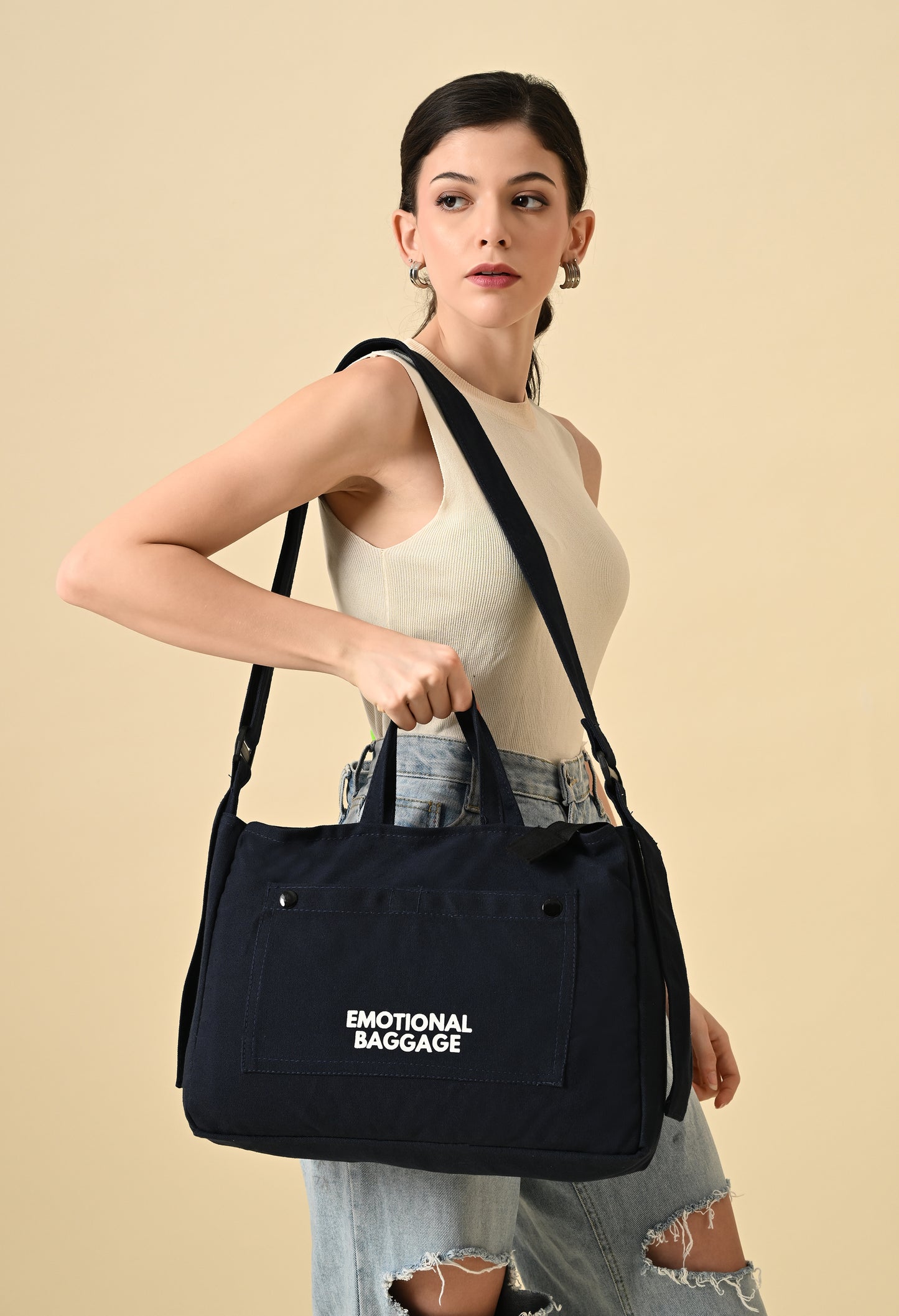 Urban Tote – navyblue Canvas College Bag with Shoulder Strap | 'Emotional Baggage' Print"