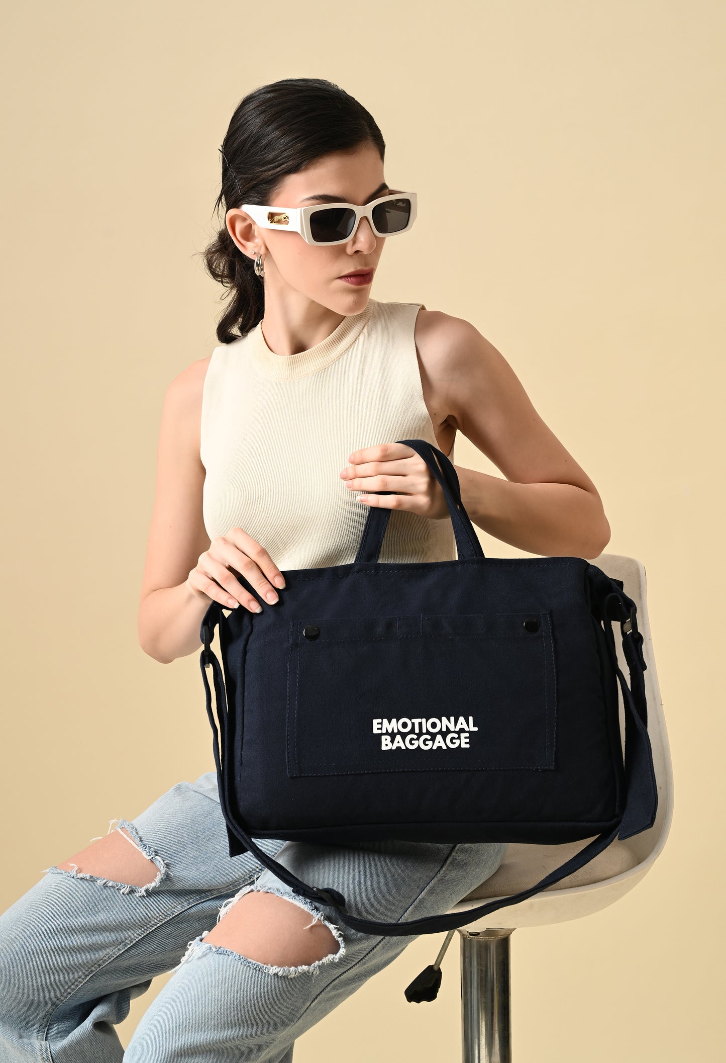 Urban Tote – navyblue Canvas College Bag with Shoulder Strap | 'Emotional Baggage' Print"