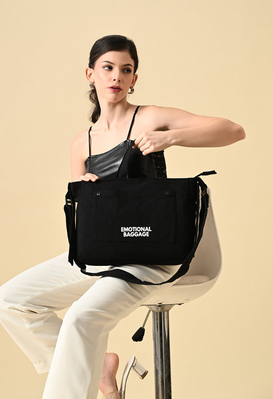 Urban Tote – black Canvas College Bag with Shoulder Strap | 'Emotional Baggage' Print"