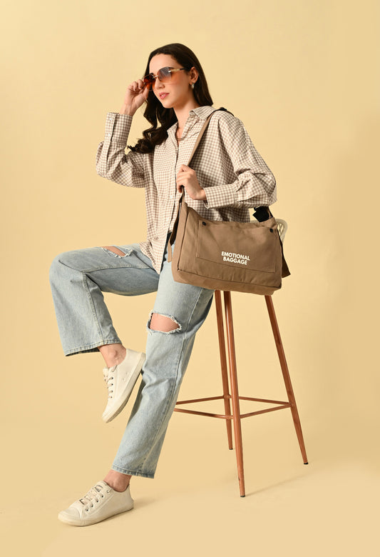 Urban Tote – beige Canvas College Bag with Shoulder Strap | 'Emotional Baggage' Print"