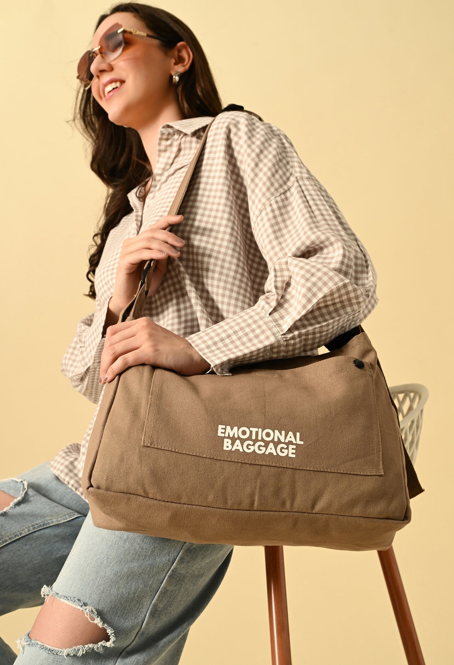 Urban Tote – beige Canvas College Bag with Shoulder Strap | 'Emotional Baggage' Print"