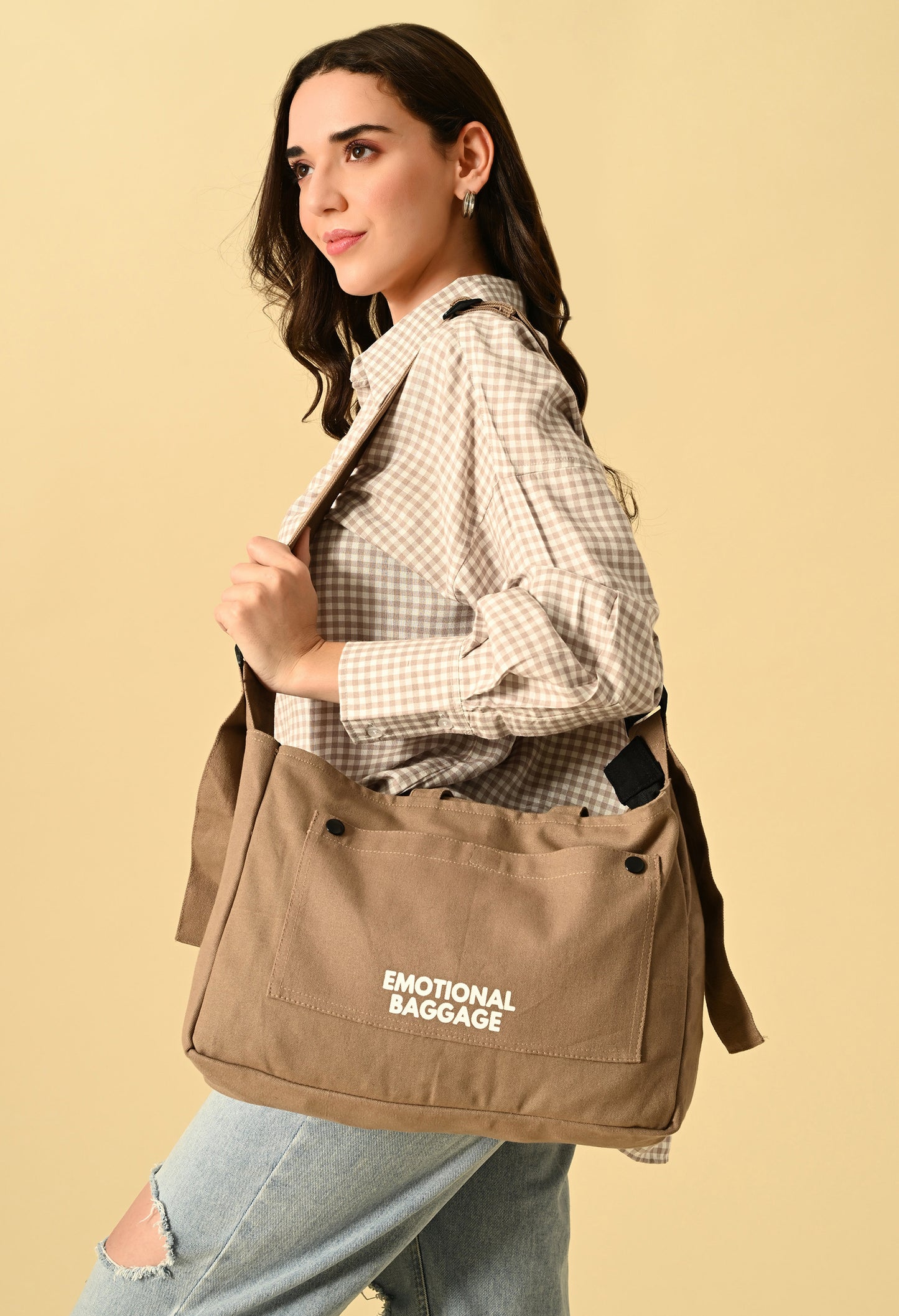 Urban Tote – beige Canvas College Bag with Shoulder Strap | 'Emotional Baggage' Print"